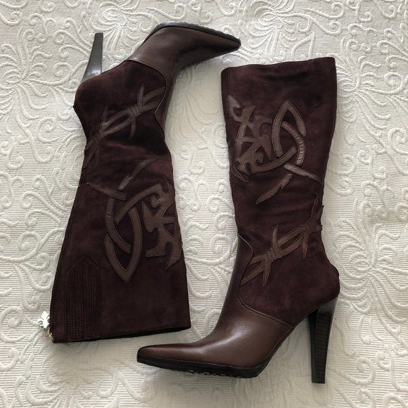 Nine West WILLETTA Suede Leather Boot Applique Pointy Toe Med Brown Zip 8.5 NEW - Picture 2 of 15